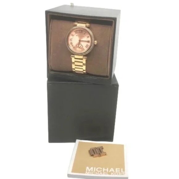 MICHAEL KORS~Skylar ~SWAROVSKI CRYSTAL GLITZ ROSE-GOLD WATCH~w/BOX +ALL LINKS - Picture 2 of 6